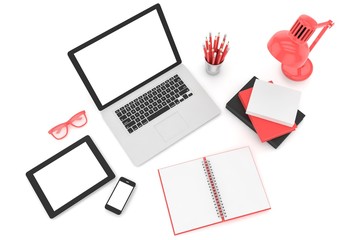 Responsive mockup screens. Laptop, tablet, phone on table. 3d rendering.