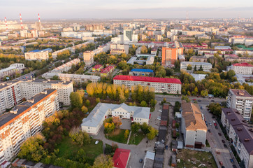 Tyumen, Russia - September 15, 2015: Bird eye view on sleeping neighborhood on Holodilnaya street and Maternity hospital No. 2