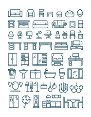 Furniture and sanitary line thin vector icons. Furniture interior set icon and furniture for home room kitchen and bathroom illustration