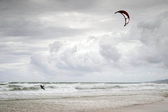 Man kite surfing, Los Lances beach, Tarifa, Cadiz, Spain