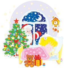 Obraz premium Santa Claus brought his gifts to a little sleeping girl in the night before Christmas