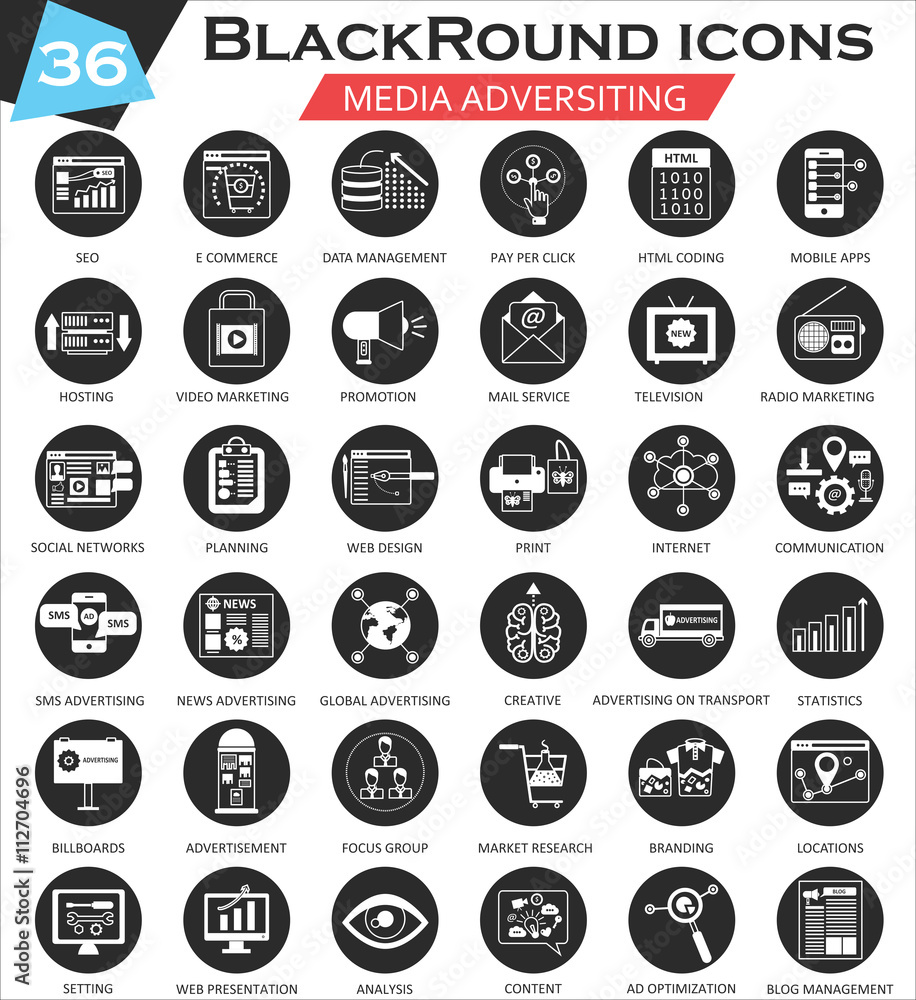 Poster vector media adversiting circle white black icon set. ultra modern icon design for web.
