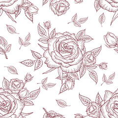 Seamless pattern vintage rose. Floral pattern of roses. Vintage flower background. Vector rose pattern on a white background. Design for card, mothers day, wedding, birthday, textile, web, wallpaper