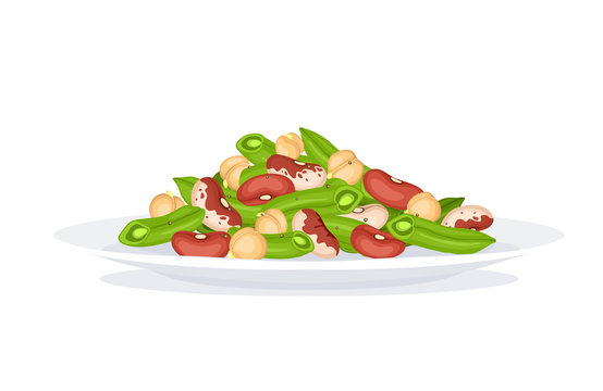 Fresh salad from beans, french beans and chickpea on plate isolated on white background. Salad plate form side view. Healthy food concept. Salad vector illustration for menu design.