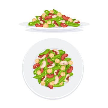 Fresh salad from beans, french beans and chickpea on plate isolated on white background. Salad op view and salad side view. Healthy food concept. Salad vector illustration for menu design.