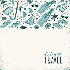 Travel time flayer in retro colors. Illustration of swimsuits, masks, shells, flippers and flip flops. Summer side composition with text. Collection of beach accessories in retro style. © ollymolly