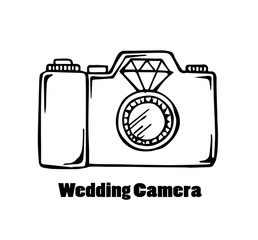 Vector of hand draw camera with diamond ring for wedding camera concept