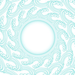 a poster background with stylized ocean waves wrapping around an open circle in blue shades