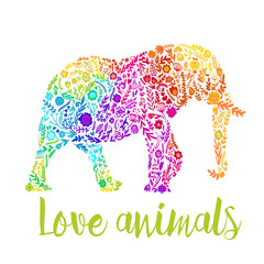 vector card with an Indian elephant. cute floral elephant. summer composition