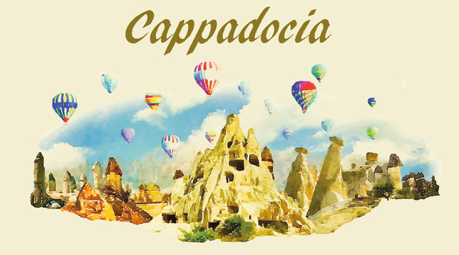 vector watercolor panoramic CAPPADOCIA illustration