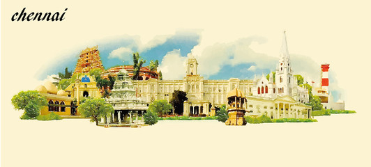 CHENNAI city water color panoramic vector illustration - obrazy, fototapety, plakaty