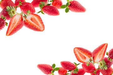 Cut strawberry on a white background. Isolated. Sliced strawberry on strawberry background. Strawberry background. Macro. Texture.  Frame with copy space. Fruit background. Spring, summer background.