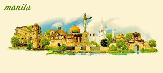 MANILA city panoramic vector water color illustration