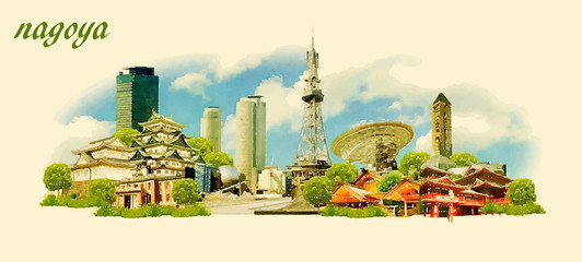 NAGOYA city panoramic vector water color illustration