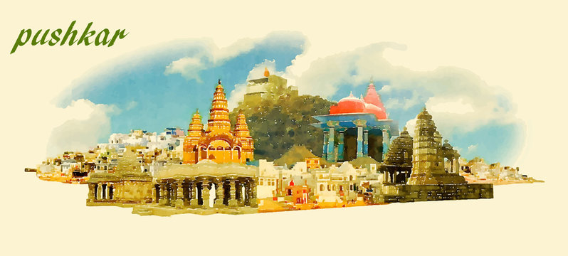 PUSHKAR city panoramic vector water color illustration