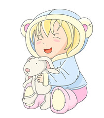 Happy little baby playing with toy rabbit