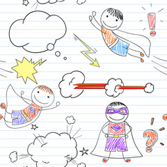 Seamless background with happy boys in superheroes costumes