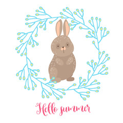 cute card with vector rabbit and wreath frame
