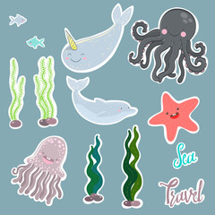 vector marine elements. animals and algae. jellyfish, dolphin, octopus, starfish and narwhal