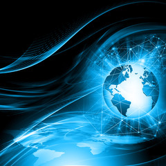 Best Internet Concept of global business. Globe, glowing lines on technological background. Electronics, Wi-Fi, rays, symbols Internet, television, mobile and satellite communications