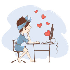 Love on the Internet/A young woman sits in front of a computer screen from which fly hearts