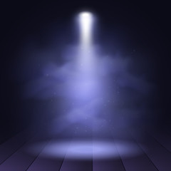 Spotlight disco illuminated wooden scene decoration club theater. Vector projection presentation background illustartion.