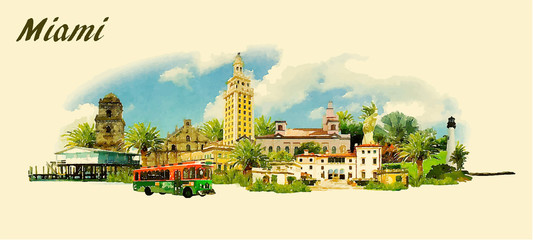 vector panoramic water color  illustration of MIAMI city