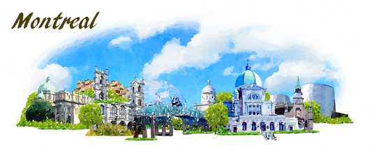 vector panoramic water color  illustration of MONTREAL city