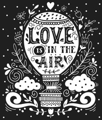 Plakaty  Love is in the air. Hand drawn vintage print with a hot air ball