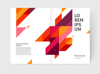 Minimalistic cover Brochure design. Flyer, booklet, annual report cover template. modern Geometric Abstract background. Purple, yellow and red diagonal lines & triangles. vector-stock illustration