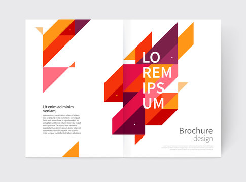 Minimalistic cover Brochure design. Flyer, booklet, annual report cover template. modern Geometric Abstract background. Purple, yellow and red diagonal lines & triangles. vector-stock illustration