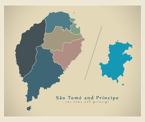 Modern Map - Sao Tome and Principe with districts colored ST