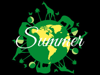 Summer, planet earth with animals, environment day. Reserve with animals. Isolated on black background. Vector.
