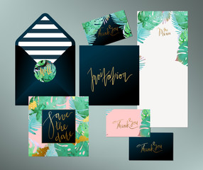 Trendy tropical jungle style vector wedding print set. Invitation cards, menu and envelope vector templates with exotic green, blue, pink plants with glittering gold blots and stripes texture. - 112711606