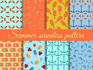 Seamless summer pattern. Summer seamless background. Summer pattern with fruit and summer objects.