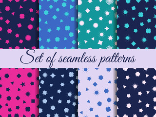 Seamless geometric pattern. Geometric chaos. Wrapping paper. Set seamless pattern with geometric figures. Squares, triangles, hexagons and stars.