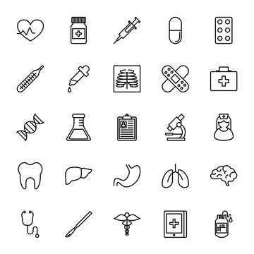 Healthcare, medicine, medical tools. Set of vector icons. Outlin