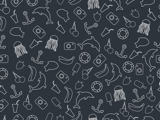 Seamless summer pattern, summer seamless background, summer pattern with fruit and summer objects, many elements of the pattern. Monochrome.