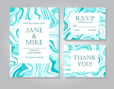 Vector Wedding invitation card suite with tiffany blue marble style texture