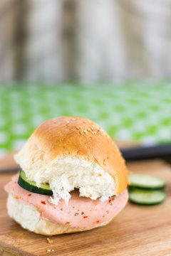 Shallow depth salami sandwich with blurred background