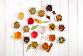 Spices on white wooden background. Food
