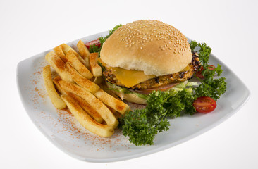 A chicken and cheese burger with seasoned French Fries.