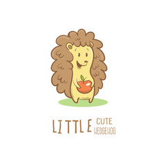 Card with cute cartoon hedgehog and apple. Little funny animal. Children's illustration. Vector image.