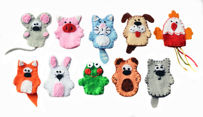 10 felt finger puppets: mouse, pig, cat, dog, cock, fox, rabbit, frog, bear, wolf. Isolated on...