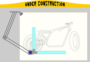 Drawing board with rulers and motorcycle frame draft with sign "Under construction" as metaphor of an empty server page error