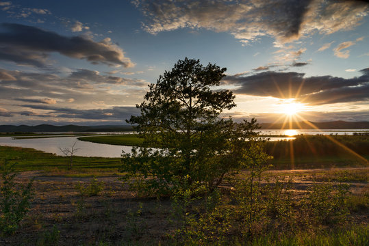 Bay of Amur River. Lake at Milki title.
