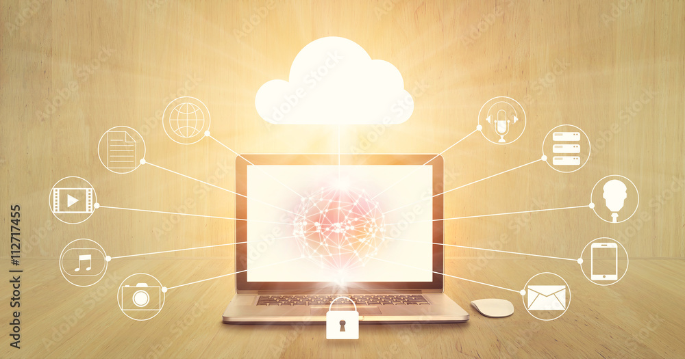 Poster Cloud computing, Laptop with circle global on screen and icon network