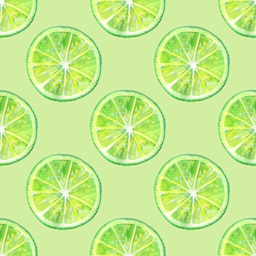 Seamless pattern with lemon lime.Fruit picture.Watercolor hand drawn illustration.Green background