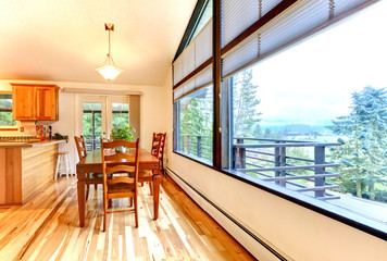 Traditional dinning room with hanging light fixture and windows