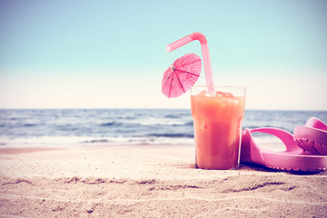 summer background for your drink on sand and free space 